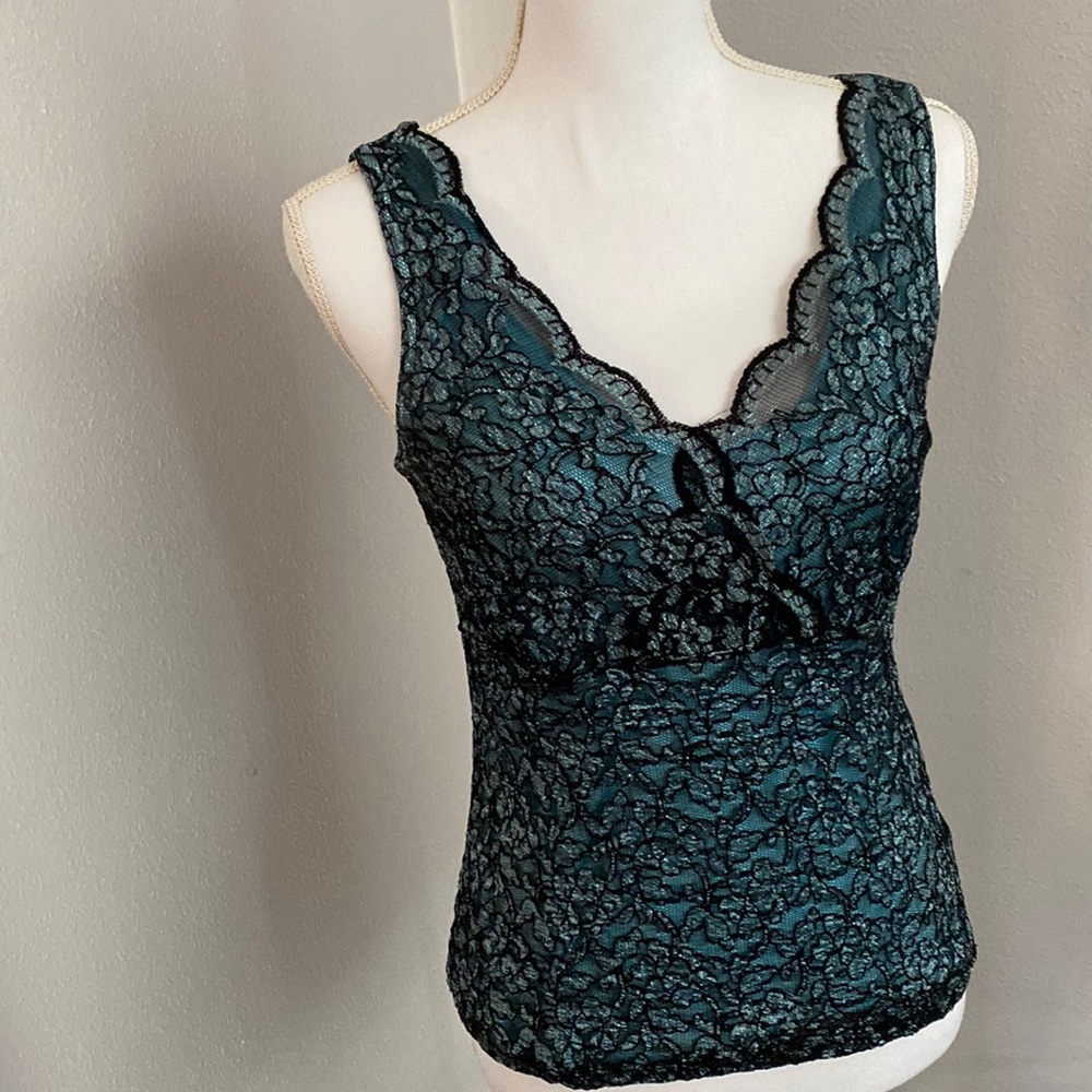 Conrad C Medium sleeveless top - blaack and blue lace over light blue knit.